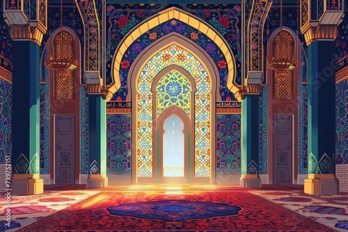image featuring an Islamic mihrab with ornate decorations and bright jewel tones photo
