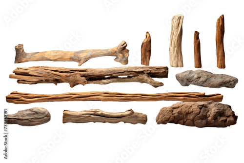 Assorted Driftwood Group. A collection of various types of driftwood arranged together. on a White or Clear Surface PNG Transparent Background. photo