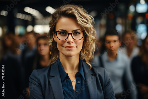 A happy middle aged business woman ceo wearing suit standing in office.