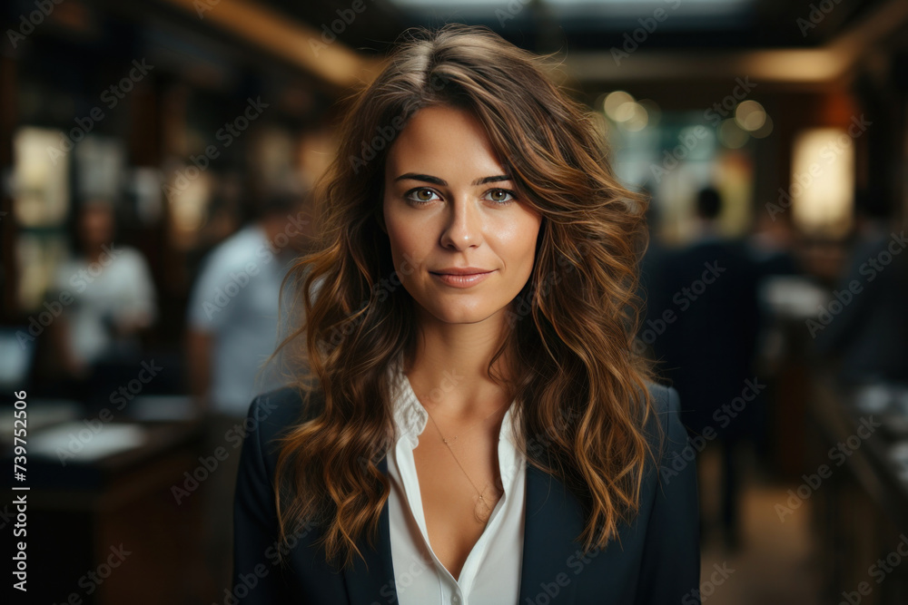 A happy middle aged business woman ceo wearing suit standing in office.