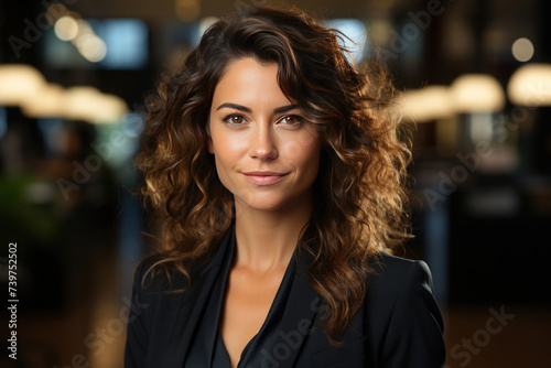 A happy middle aged business woman ceo wearing suit standing in office.