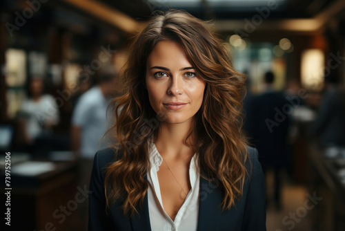 A happy middle aged business woman ceo wearing suit standing in office.