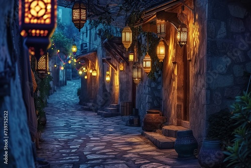 tranquil night scene of the winding alleys of an Islamic city adorned with lanterns.