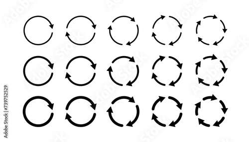 Circle arrow icons set. Round thin and thick reload, restart, recycle and repeat symbol. One, two, three, four, five arrow in loop. Round repeat icon. Vector illustration isolated on white background.