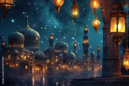 tranquil night scene with lanterns hanging from home and starlight reflected on domes of mosques