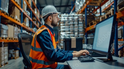 A warehouse worker works with a computer. Logistics and delivery.