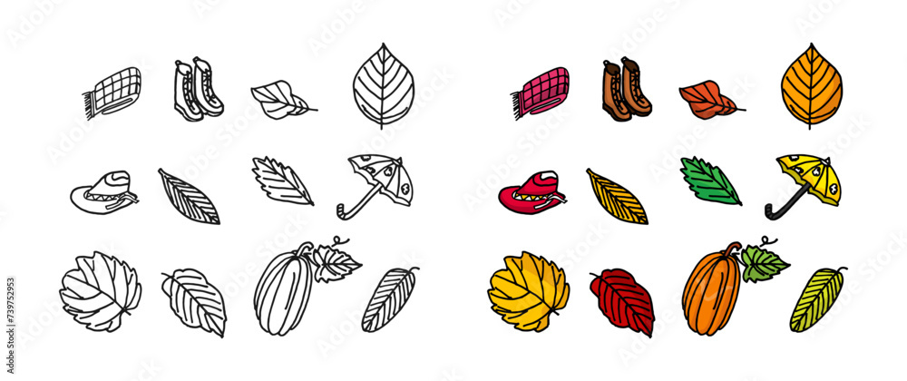 Autumn doodle icon collections. Hand drawing illustration with black outline and colorful vector.