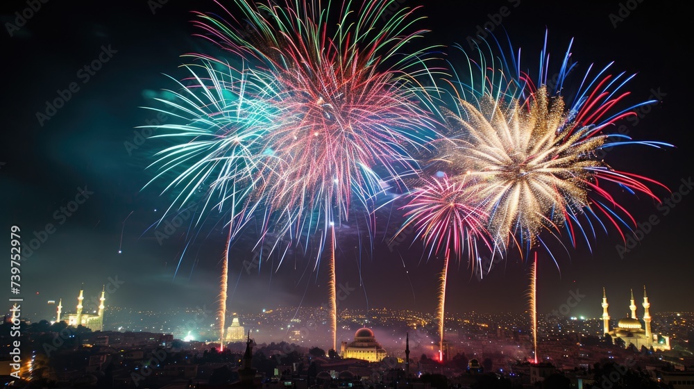 Celebratory fireworks illuminating the sky on Eid, the end of Ramadan. Celebratory fireworks illuminating the sky on Eid, the end of Ramadan.