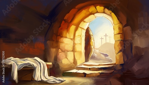 Easter Jesus Christ rose from the dead. Sunday morning. Dawn. The empty tomb in the background of the crucifixion. Happy easter. Christian symbol of faith, art illustration painted oil style photo