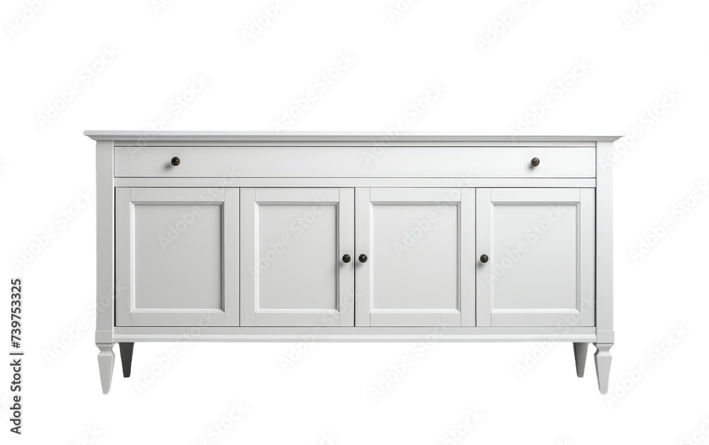 A photo of a white cabinet featuring three doors and two drawers, providing ample storage space. on a White or Clear Surface PNG Transparent Background. A photo of a white cabinet featuring three doors and two drawers, providing ample storage space. on a White or Clear Surface PNG Transparent Background.
