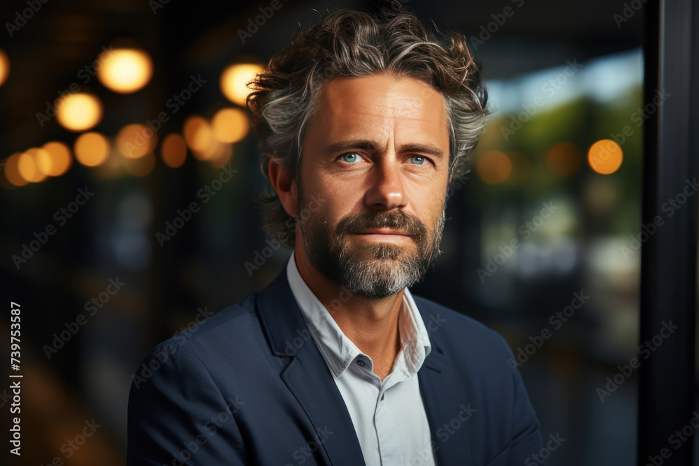 A smiling mature businessman professional executive manager looking away thinking working on tech device. A smiling mature businessman professional executive manager looking away thinking working on tech device.