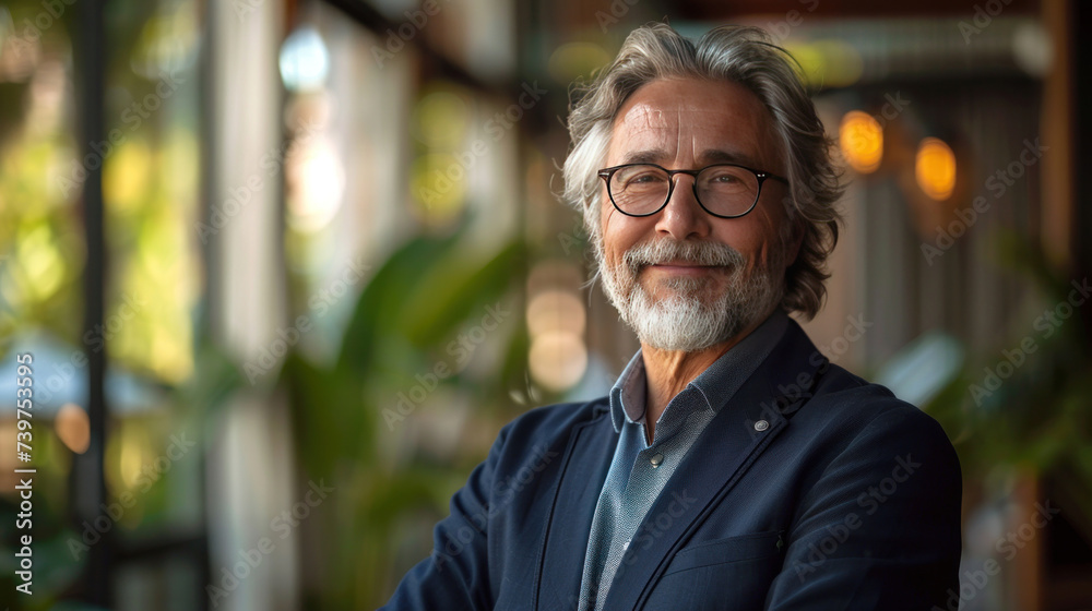 A smiling mature businessman professional executive manager looking away thinking working on tech device. A smiling mature businessman professional executive manager looking away thinking working on tech device.