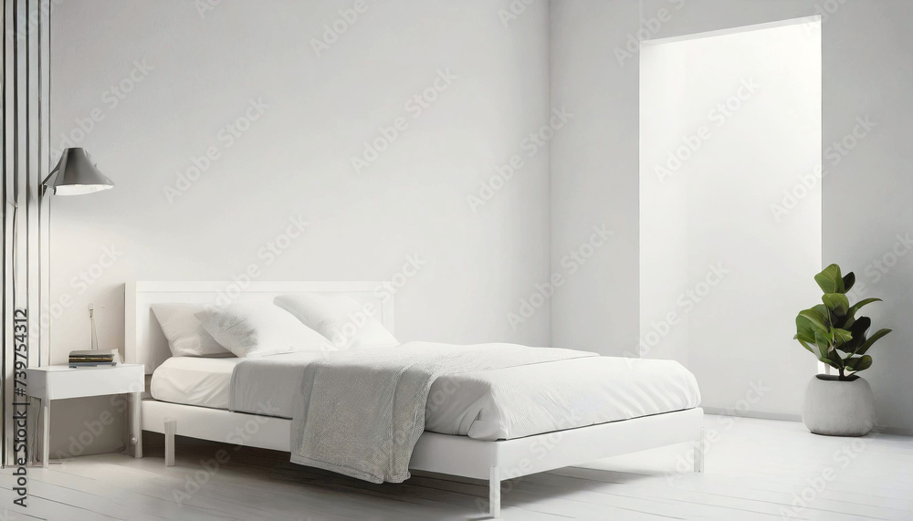 A simple room with bright white walls and a bed. A simple room with bright white walls and a bed.