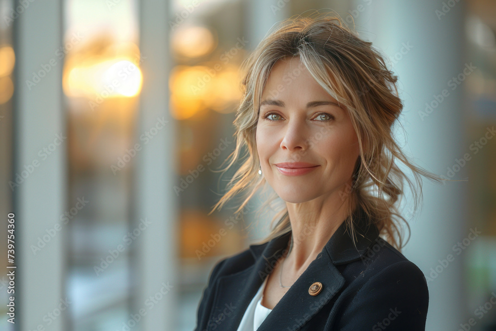 A smiling mature businesswoman professional executive manager looking away thinking working on tech device. A smiling mature businesswoman professional executive manager looking away thinking working on tech device.