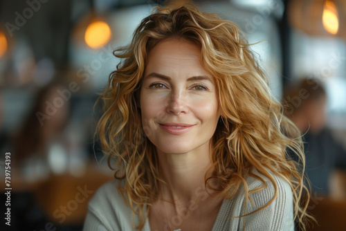 A smiling mature businesswoman professional executive manager looking away thinking working on tech device.