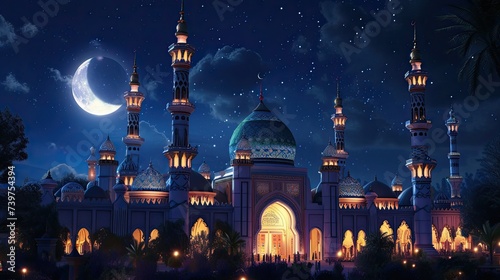 Beautifully decorated mosques glowing under the moonlight on the night of Eid al-Adha