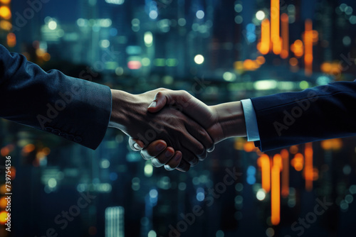 Double exposure, close up hand of business handshake for successful of investment deal and city night background. photo