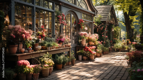 Flower shop adorned with an abundance of colorful flowers on display  inviting passersby into the cozy botanical haven.