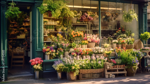 Flower shop adorned with an abundance of colorful flowers on display, inviting passersby into the cozy botanical haven.