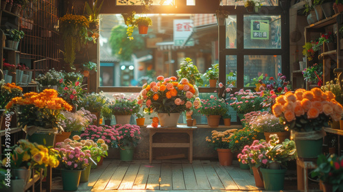 Flower shop adorned with an abundance of colorful flowers on display, inviting passersby into the cozy botanical haven.