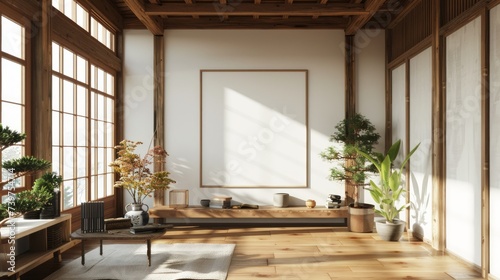 Old wooden frame mockup in japanese farmhouse living room interior  3d rendering. Generative Ai