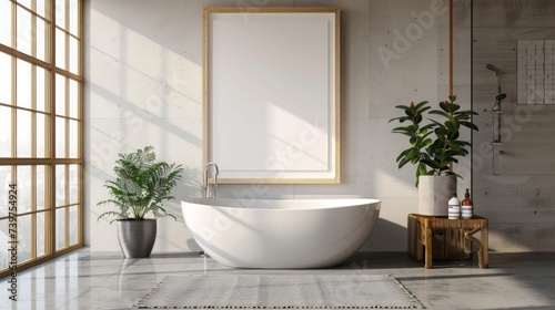 Poster frame mockup in bathroom interior background, japanese style, 3d render. Generative Ai © RIZAL