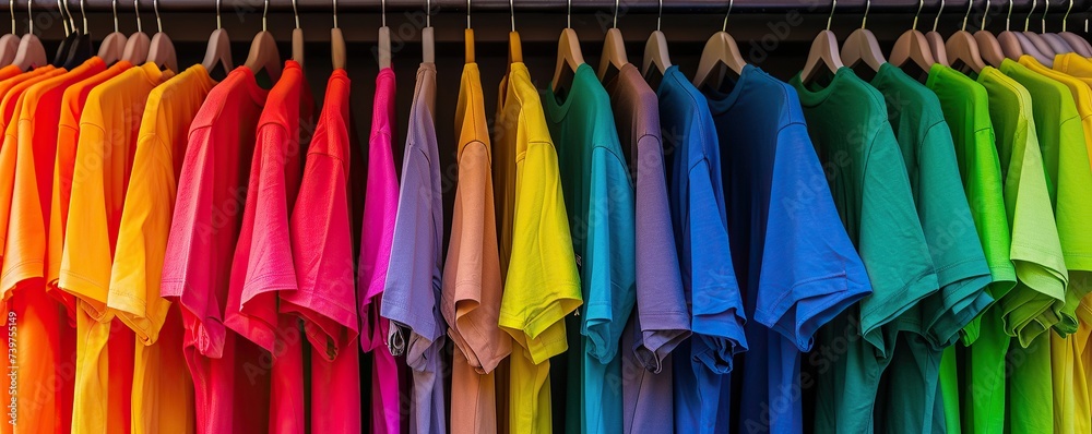Rainbow t shirt on display hanger, Apparel concept background