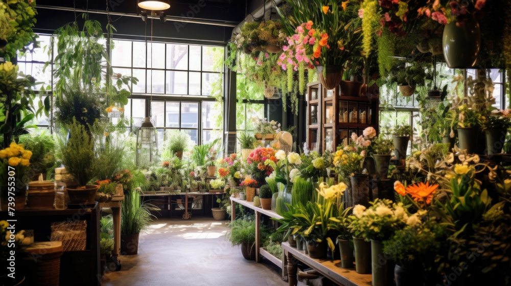 Flower shop interior brimming with a diverse array of colorful flowers and lush green plants. Flower shop interior brimming with a diverse array of colorful flowers and lush green plants.
