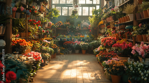 Flower shop interior brimming with a diverse array of colorful flowers and lush green plants.