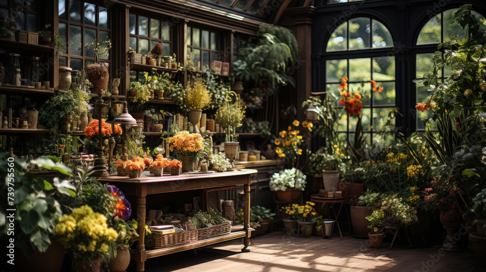 Flower shop interior brimming with a diverse array of colorful flowers and lush green plants. Flower shop interior brimming with a diverse array of colorful flowers and lush green plants.