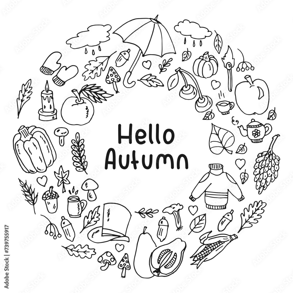 Hello autumn doodles. Black outlined hand drawing illustration. Fall theme cartoon vector art.