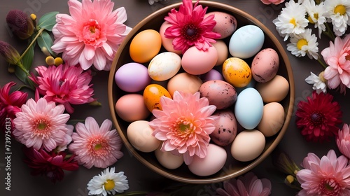 Easter poster and banner template with Easter eggs in decorated basket nest and spring flowers background. Greetings and presents for Easter Day. Promotion and shopping template for Easter