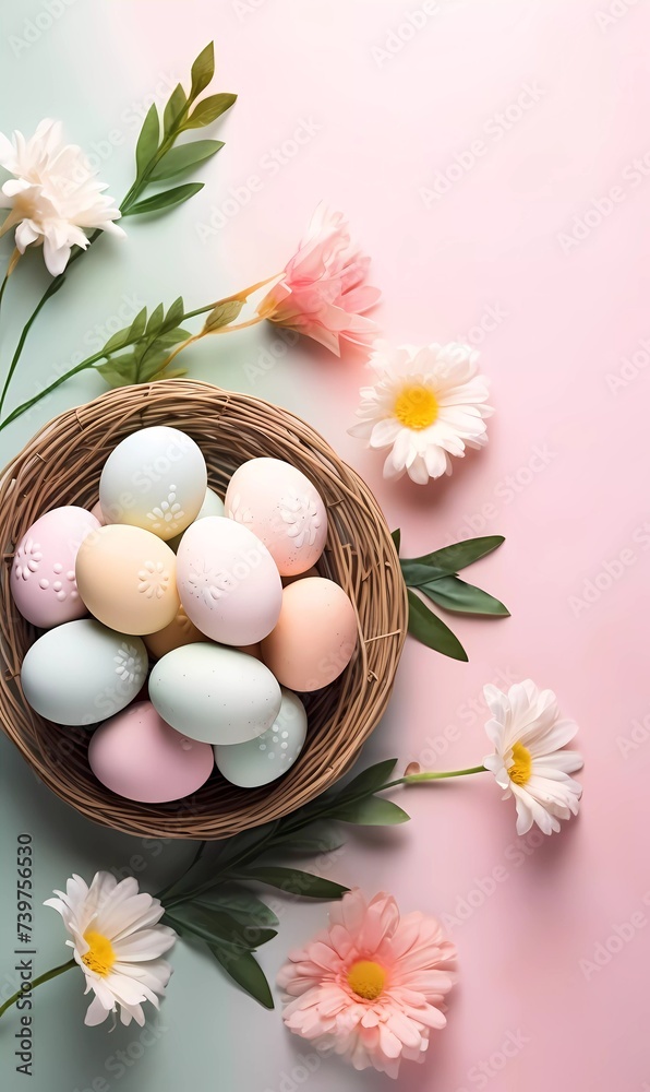 Easter poster and banner template with Easter eggs in decorated basket nest and spring flowers background. Greetings and presents for Easter Day. Promotion and shopping template for Easter