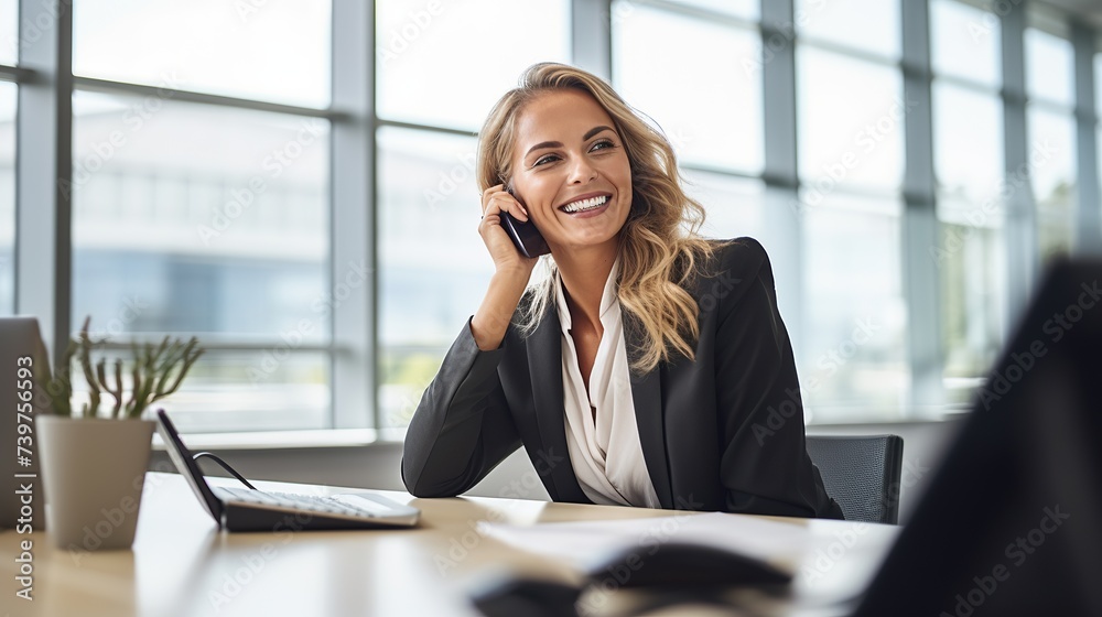 Happy smiling business woman talking on phone making business call on cellphone at work in a office Happy smiling business woman talking on phone making business call on cellphone at work in a office