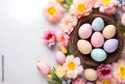 Easter poster and banner template with Easter eggs in decorated basket nest and spring flowers background. Greetings and presents for Easter Day. Promotion and shopping template for Easter © serdjo13