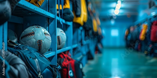 Low angle view of sports gear in blue locker room setting. Concept Sports Gear, Blue Locker Room, Low Angle View, Athletic Equipment, Setting