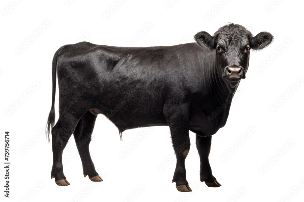 A black cow stands. on a White or Clear Surface PNG Transparent Background.