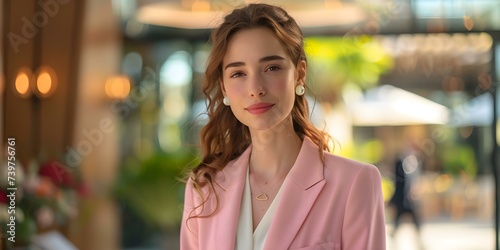 Portrait of professional woman in pink blazer in corporate office setting. Concept Professional Portraits  Pink Blazer  Corporate Office Setting