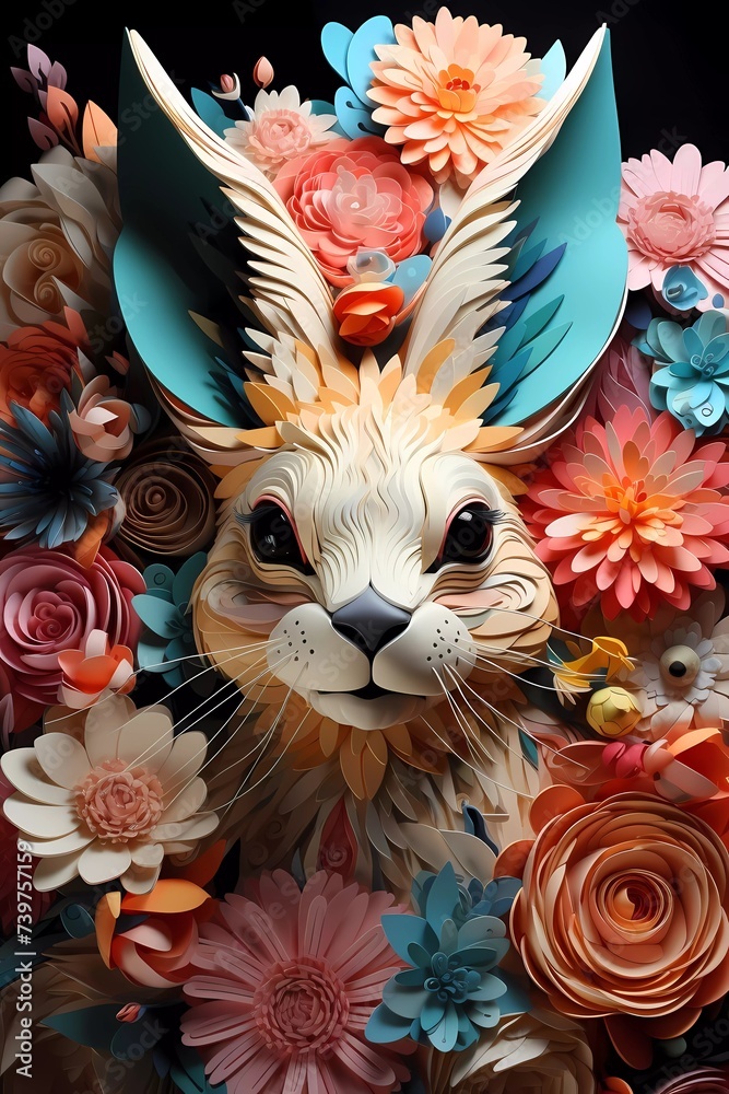 Easter bunny rabbit head with spring flowers background. Abstract Happy Easter greetings card banner. Easter bunny rabbit head with spring flowers background. Abstract Happy Easter greetings card banner.