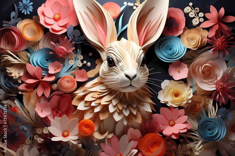 Fototapeta premium Easter bunny rabbit head with spring flowers background. Abstract Happy Easter greetings card banner.