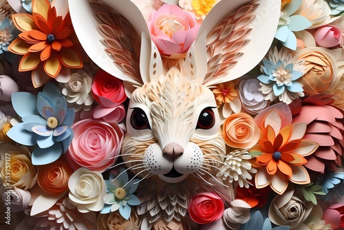 Easter bunny rabbit head with spring flowers background. Abstract Happy Easter greetings card banner.