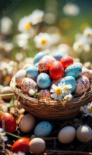 Colored Easter eggs in decorated basket and spring flowers on green grass at sunny day, celebration of religious holidays. Happy Easter greetings card, banner.