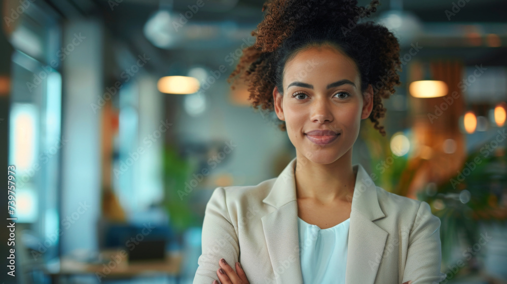 A young, confident businesswoman with a friendly smile standing in a brightly lit modern office environment. A young, confident businesswoman with a friendly smile standing in a brightly lit modern office environment.