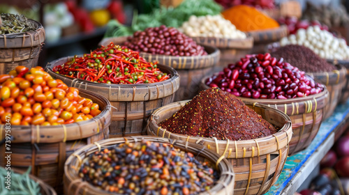 Fototapeta Naklejka Na Ścianę i Meble -  Market display featuring an array of spices and legumes in woven baskets, showcasing a rich tapestry of flavors and colors.