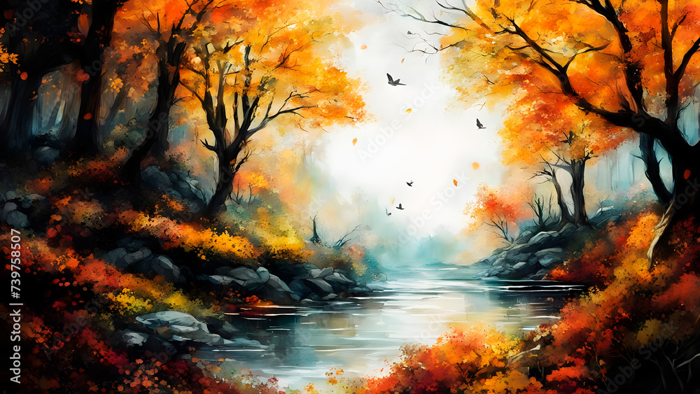 Beautiful autumn landscape with trees, river and clouds. Generative AI.