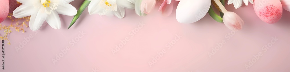 Obraz premium Easter poster and banner template with Easter eggs and spring flowers on flat background. Copy space for text banner. Greetings and presents for Easter Day. Promotion and shopping template for Easter