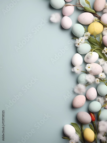 Easter poster and banner template with Easter eggs and spring flowers on flat background. Copy space for text banner. Greetings and presents for Easter Day. Promotion and shopping template for Easter