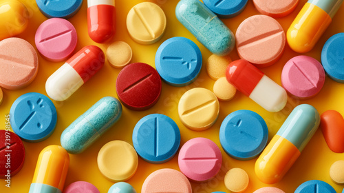 Top view: Array of colorful pills on a yellow surface, depicting diverse medications and treatments available photo