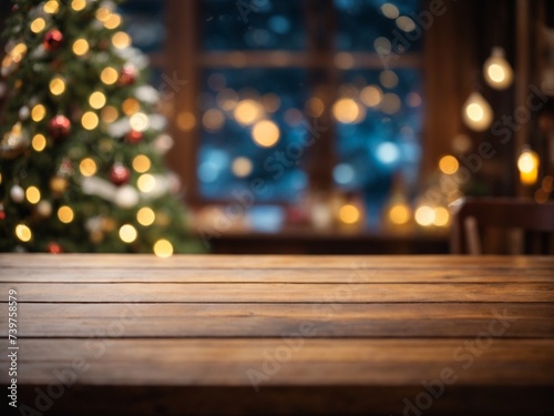 Wallpaper background with bokeh lightings and empty wooden table for product ads display 