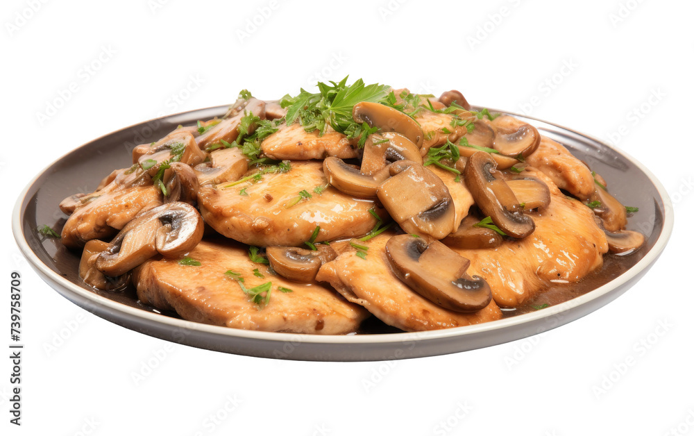 A plate filled with succulent chicken pieces, tender mushrooms, and a sprinkle of freshly chopped parsley. on a White or Clear Surface PNG Transparent Background. A plate filled with succulent chicken pieces, tender mushrooms, and a sprinkle of freshly chopped parsley. on a White or Clear Surface PNG Transparent Background.